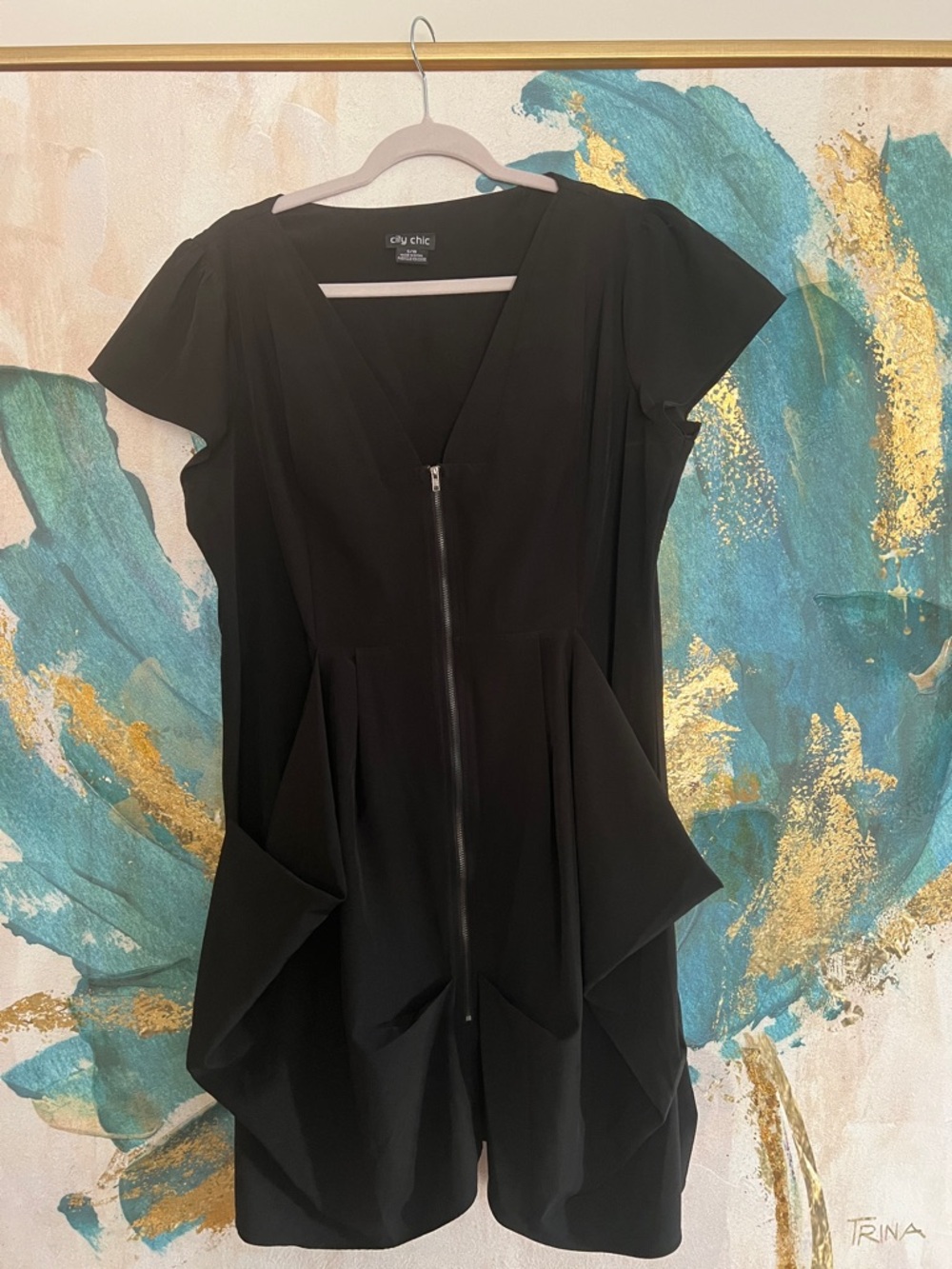 City Chic Black Zip-Front Mini Dress with Draped Pockets